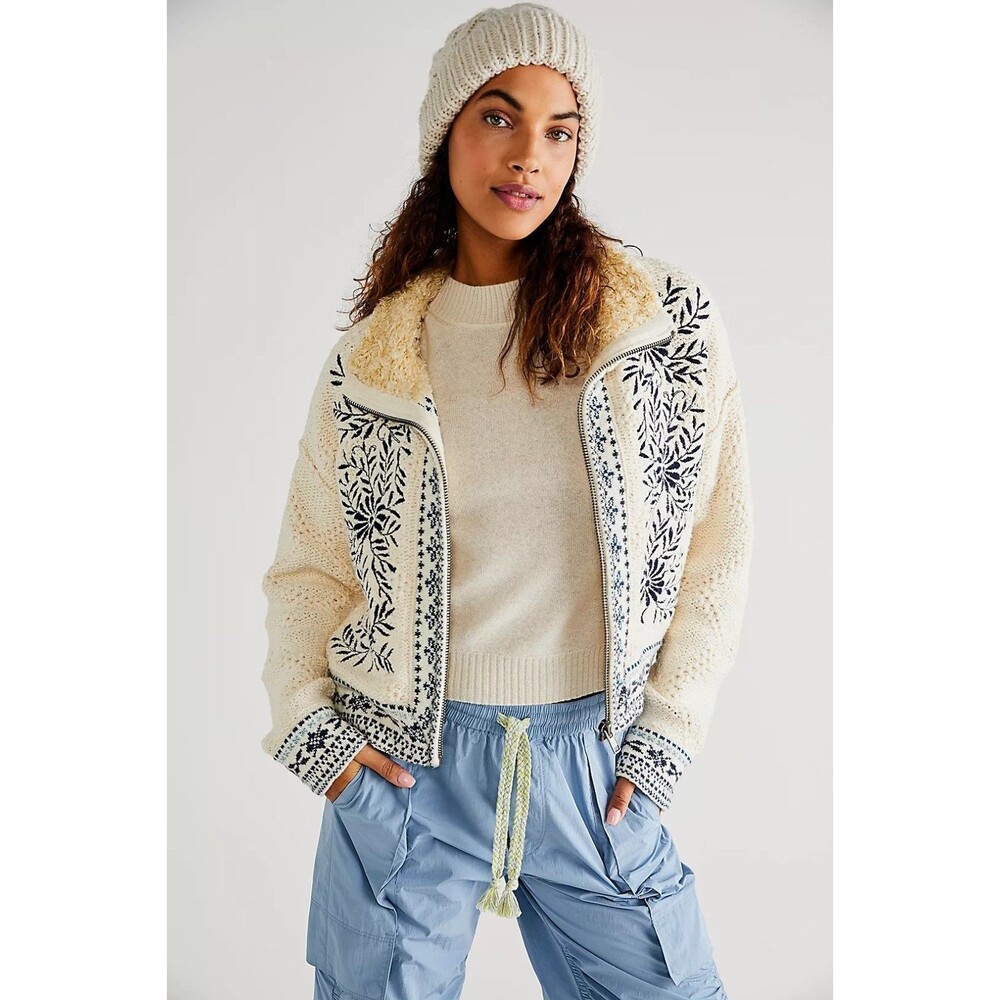 New Free People True Embroidered Sweater Jacket Zip Cardigan S Blue Ivory Nordic
